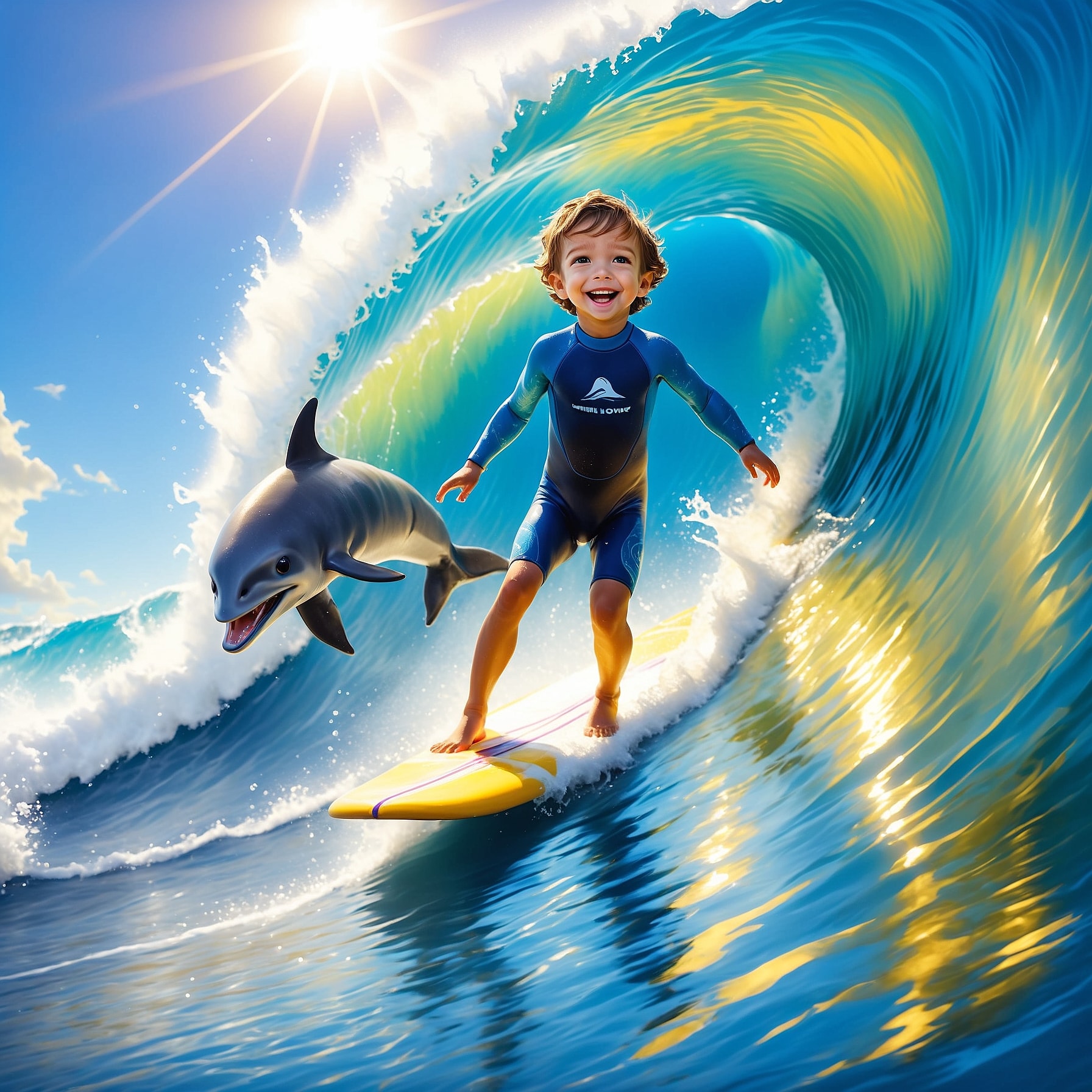 Child surfing with dolphin