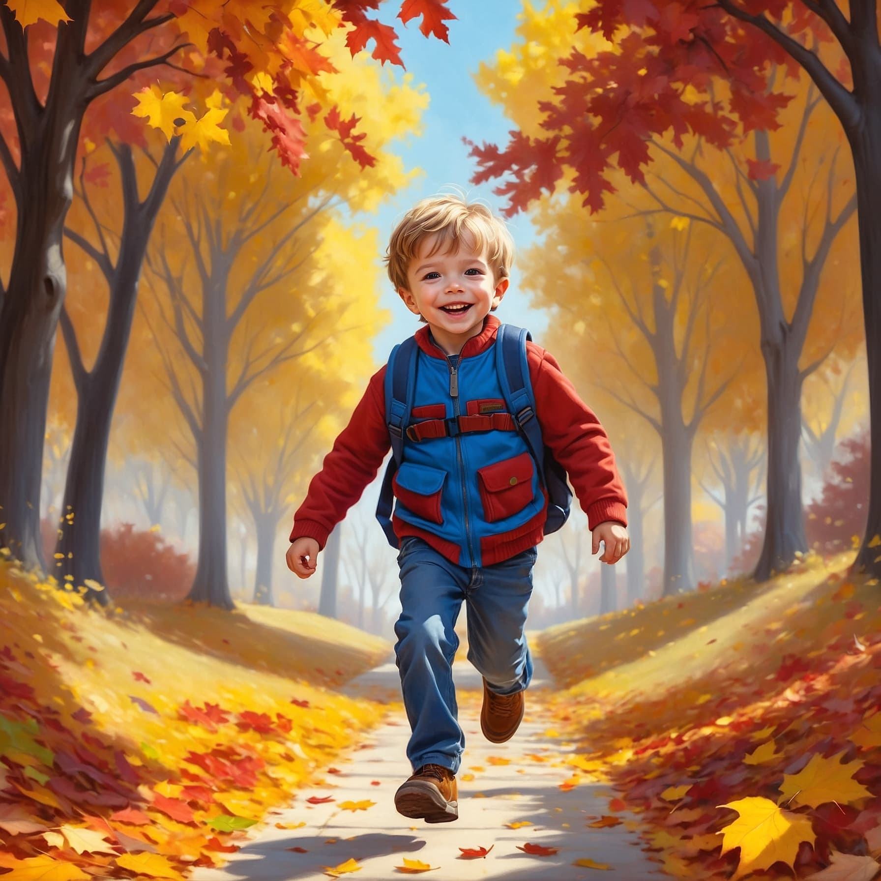 Child running down the sidewalk on autumn day