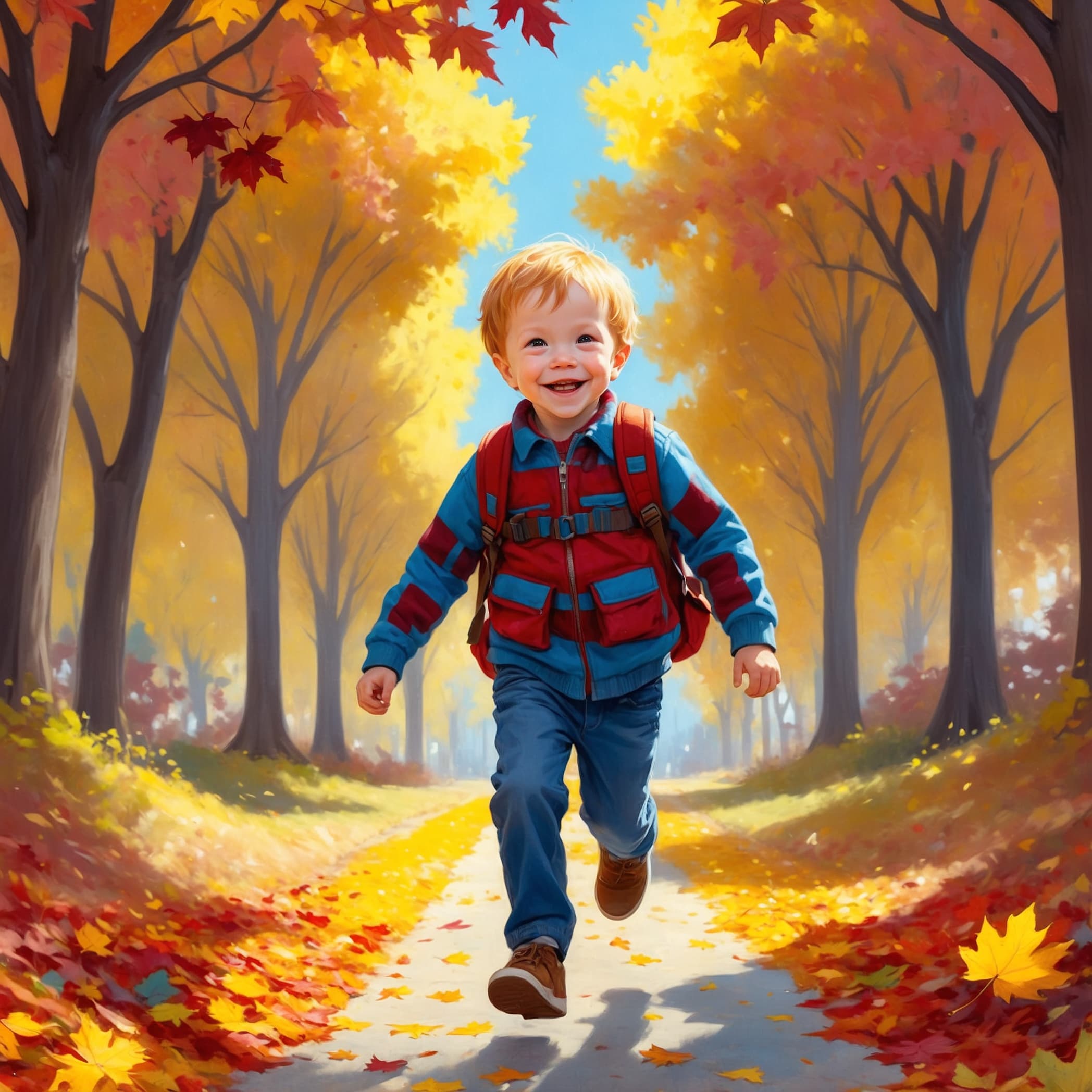 Child running down the sidewalk on autumn day